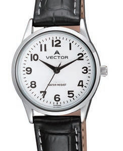 שעון יד מדגם VECTOR V9-1015175 white רצועות עור שחורות ורקע לבן