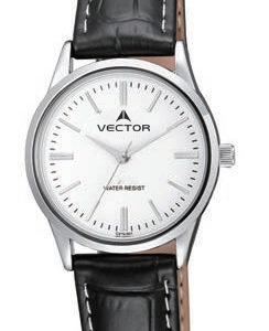 שעון מדגם VECTOR V9-1015185 white, שעון יד קלאסי עם רצועות עור שחורות וגוונים כסוף-לבן Престижные наручные часы от Golf Watches. Бренд vector для роскошных наручных часов в Израиле