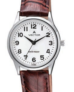 שעון יד מדגם VECTOR V9-1015778 white, שעון יד 'הכי קלאסי', רצועות עור חומות ועיצוב שעון פנים אלגנטי Престижные наручные часы от Golf Watches. Бренд vector для роскошных наручных часов в Израиле