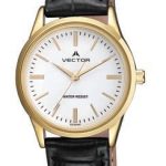 השעון יד מדגם VECTOR V9-101598 white, רצועות עור שחורות בשילוב מיוחד של מסגרת ומחוגים זהובים על רקע לבן белые наручные часы, черные кожаные ремешки с особым сочетанием оправы и золотые стрелки на белом фоне