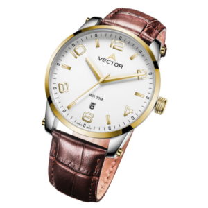 Классические наручные часы VECTOR с коричневыми кожаными ремешками и золотыми стрелками שעון יד קלאסי מבית VECTOR עם רצועות עור חומות ומחוגים זהובים. דגם VC8-1035626 white-1