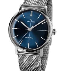 שעון יד עם רצועות סריגת מתכת סטיינלס כסופות ורקע כחול עמוק. שעון גברי אלגנט. מותג VECTOR בדגם V8-108413 blue Престижные наручные часы от Golf Watches. Бренд vector для роскошных наручных часов в Израиле