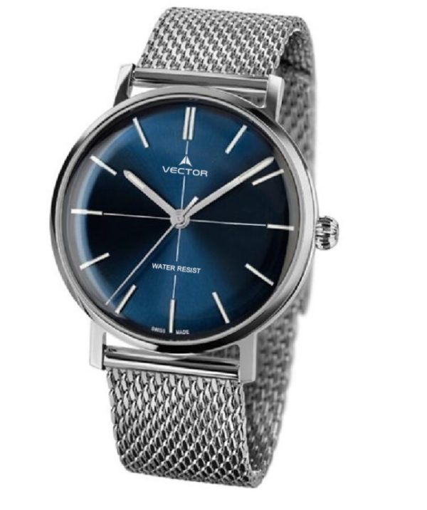 שעון יד עם רצועות סריגת מתכת סטיינלס כסופות ורקע כחול עמוק. שעון גברי אלגנט. מותג VECTOR בדגם V8-108413 blue Престижные наручные часы от Golf Watches. Бренд vector для роскошных наручных часов в Израиле
