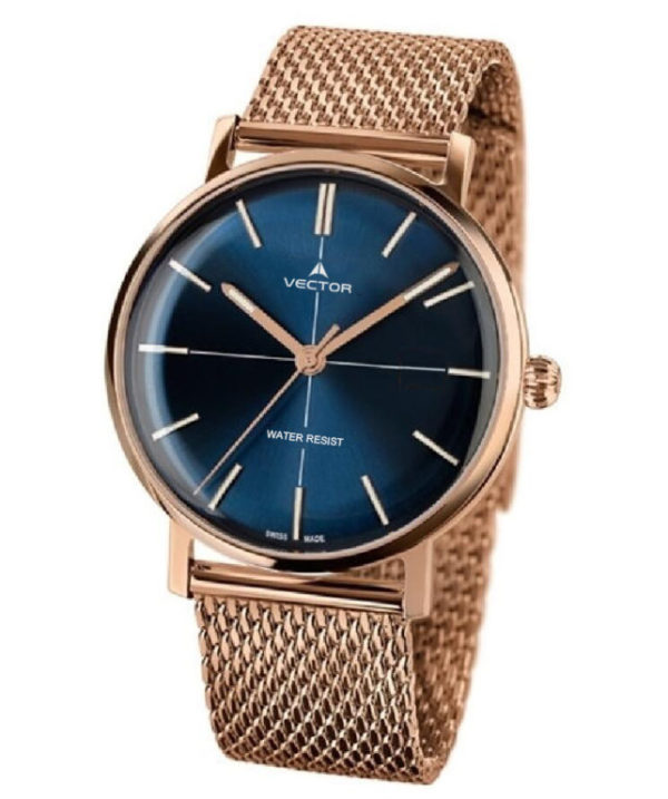 שעון יד עם רצועות סריגת מתכת סטיינלס זהוב אדום ורקע כחול עמוק. מותג VECTOR בדגם V8-108483 blue Престижные наручные часы от Golf Watches. Бренд vector для роскошных наручных часов в Израиле