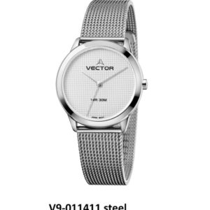 שעון יד עיצוב מודרני נקי בעל רצועות סטיינלס כסוף שזורות מקולקציית קלין 2020 שעוני VECTOR. דגם V9-011411 steel Престижные наручные часы от Golf Watches. Бренд vector для роскошных наручных часов в Израиле