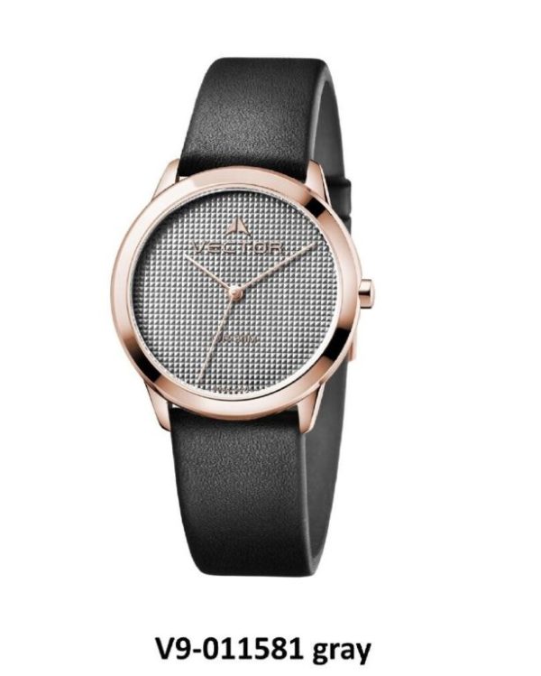 שעון יד לאשה בעיצוב מודרני נקי בעל רצועות עור שחורות מקולקציית קלין דיזיין 2020 שעוני VECTOR. דגם V9-011581 gray Престижные наручные часы от Golf Watches. Бренд vector для роскошных наручных часов в Израиле