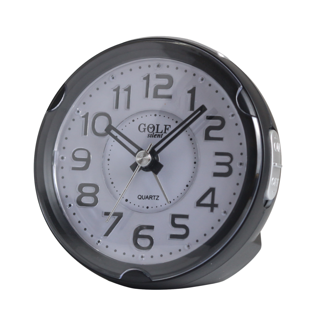 שעון מעורר מואר עם צפצוף נעים, בעיצוב עגול מודרני בצבע שחור. קולקציית גולף שקט 2000 דגם BB08604-BK-