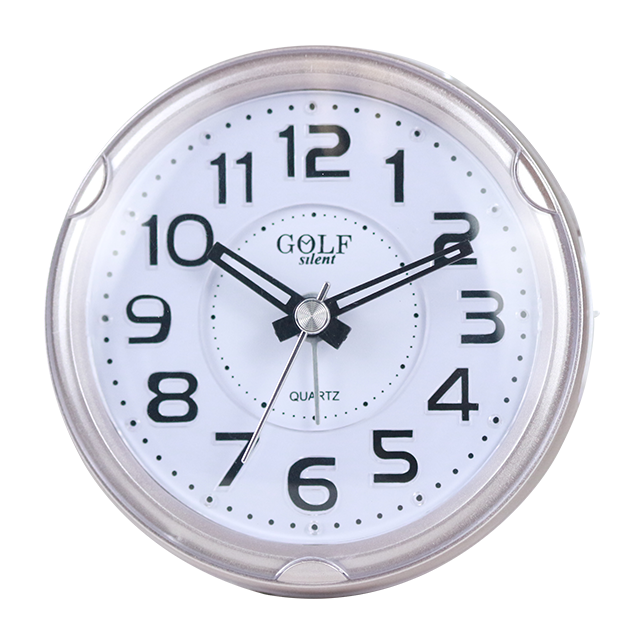 שעון מעורר מואר עם צפצוף נעים, בעיצוב עגול מודרני בצבע זהוב-כסוף. קולקציית גולף שקט 2000 דגם BB08604-GO