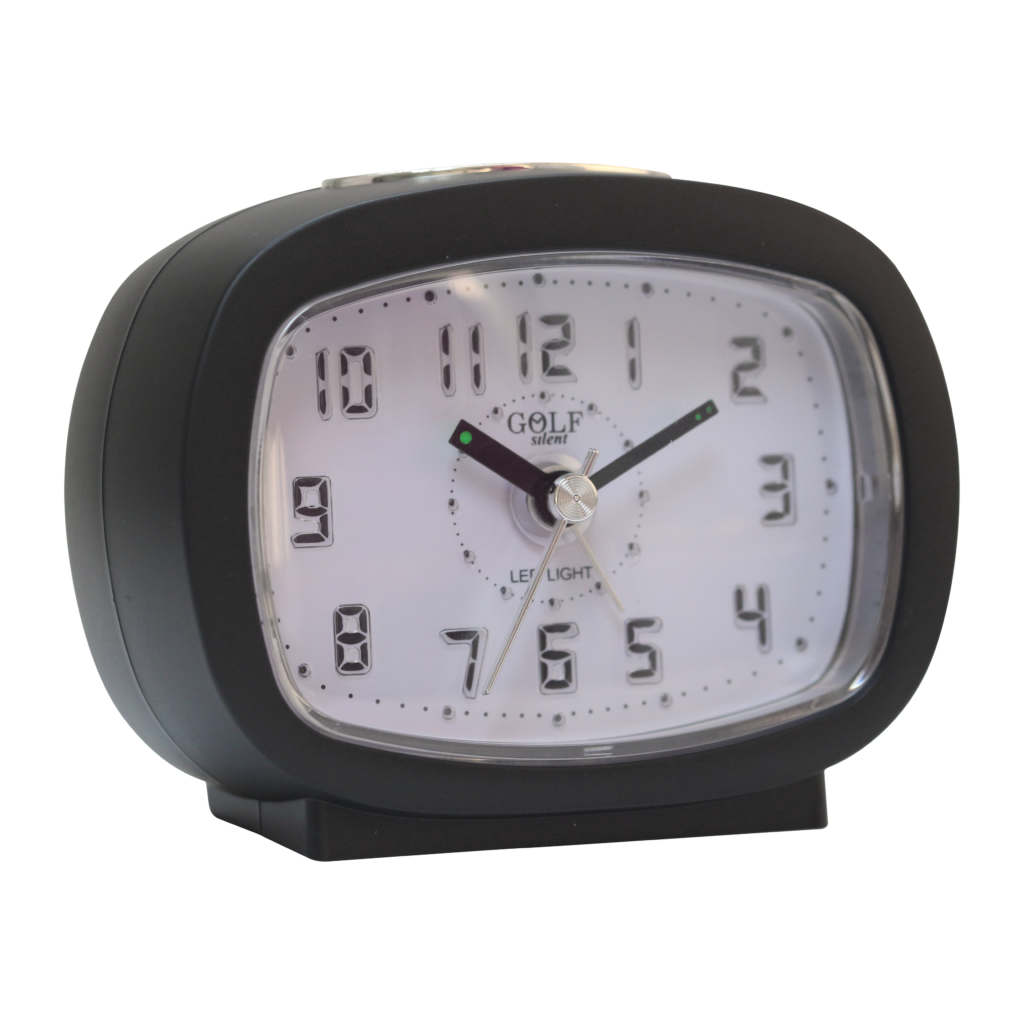 שעון מעורר אליפסי שחור, מסדרת גולף שקט 2000 עם תצוגה מוארת וברורה, דגם BB09007-BK-