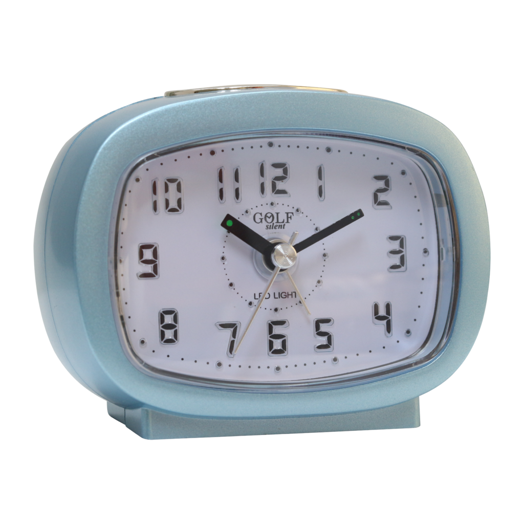 שעון מעורר אליפסי תכלת בהיר, מסדרת גולף שקט 2000 עם תצוגה מוארת וברורה, דגם BB09007-CY-