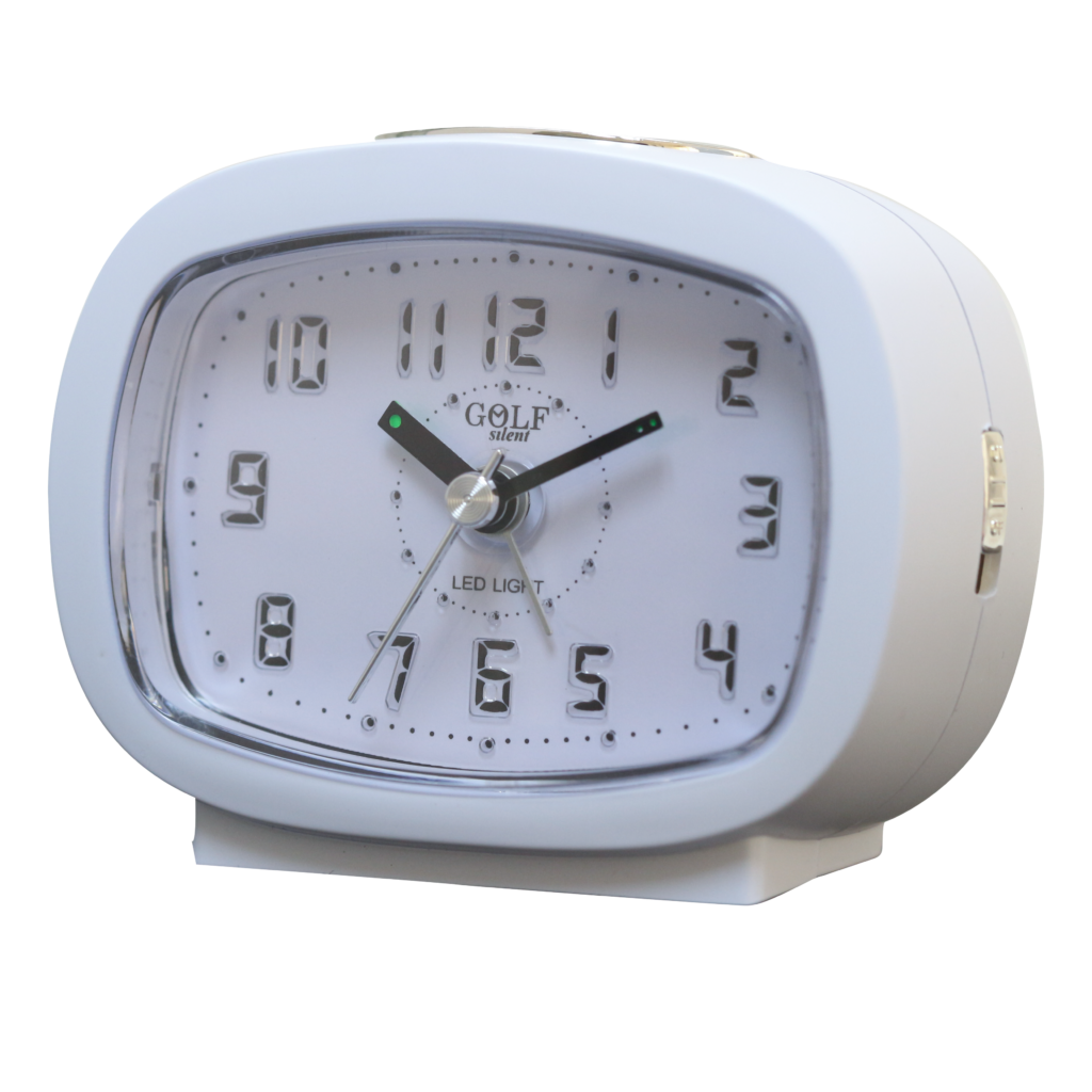 שעון מעורר אליפסי לבן, מסדרת גולף שקט 2000 עם תצוגה מוארת וברורה, דגם BB09007-WH