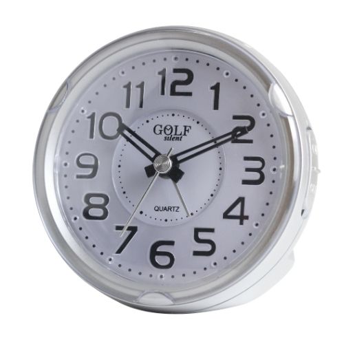 שעון מעורר מואר עם צפצוף נעים, בעיצוב עגול מודרני בצבע כסף. קולקציית גולף שקט 2000 דגם BB08604-SV