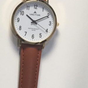 שעון יד קלאסי נעים רצועות עור חומות מסגרת זהובה ורקע לבן קולקציית וקטור 2021 דגם V8-133591WHITE