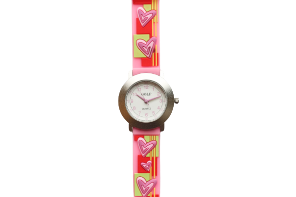 שעון יד אנלוגי לילדות לבבות משובץ על רקע ורוד דגם גולף girl11