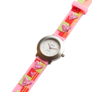שעון יד אנלוגי לילדות לבבות משובץ על רקע ורוד דגם גולף girl11