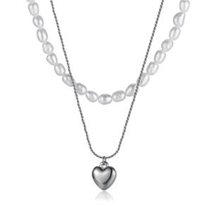 שרשרת פנינה כפול תליון לב כסוף דגם p12